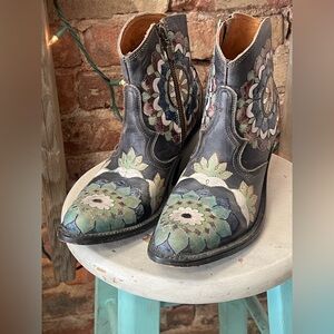 Dan Post Black Leather Ankle Boots with Green Floral Appliqué